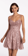Sheer Drape Sweetheart Glitter Mesh Corset Pleated Skater Dress - Camille La Vie