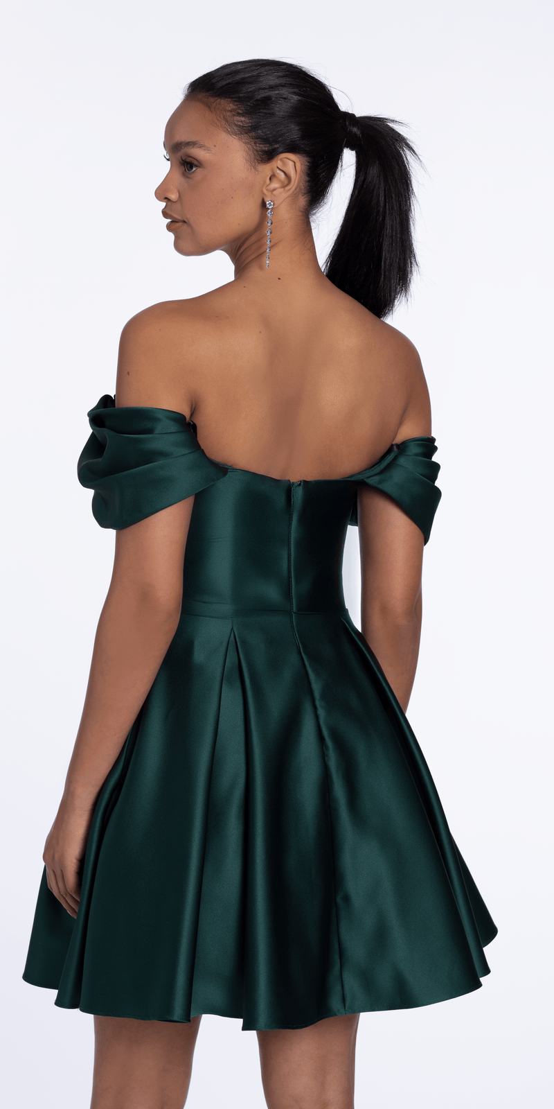 hunter-green-Size/4/missy/Camille La Vie/Satin Off the Shoulder Fit and Flare Dress with Princess Pleats/back alt