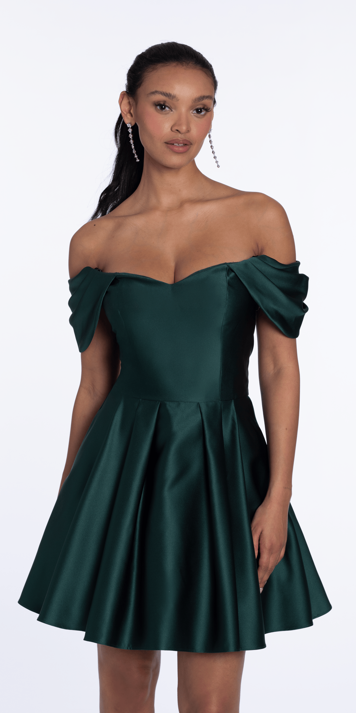 hunter-green-Size/4/missy/Camille La Vie/Satin Off the Shoulder Fit and Flare Dress with Princess Pleats/front