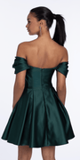 Satin Off the Shoulder Fit and Flare Dress with Princess Pleats - Camille La Vie