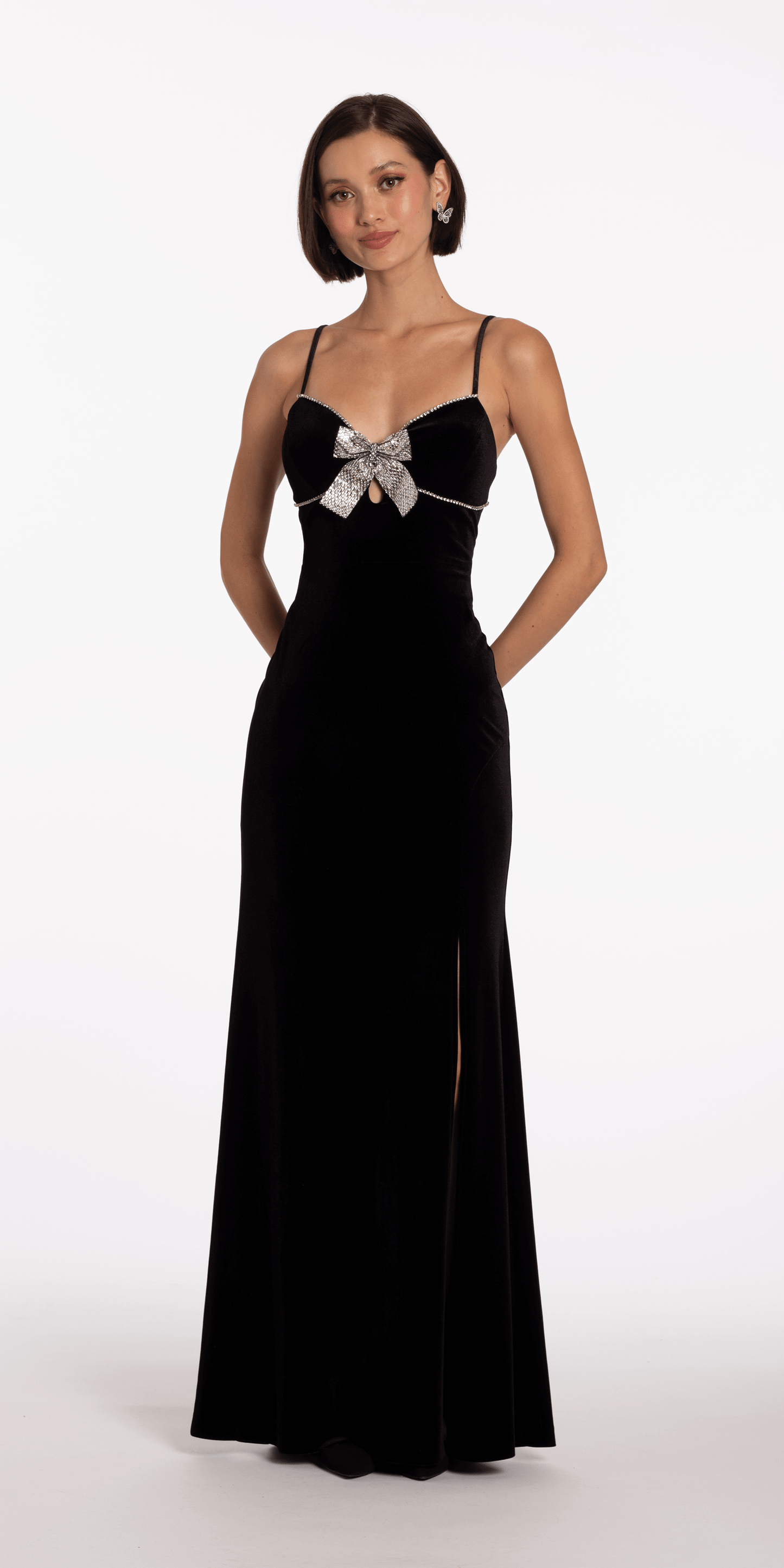 Velvet Sweetheart Column Dress with Rhinestone Bow - Camille La Vie