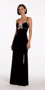 Velvet Sweetheart Column Dress with Rhinestone Bow - Camille La Vie