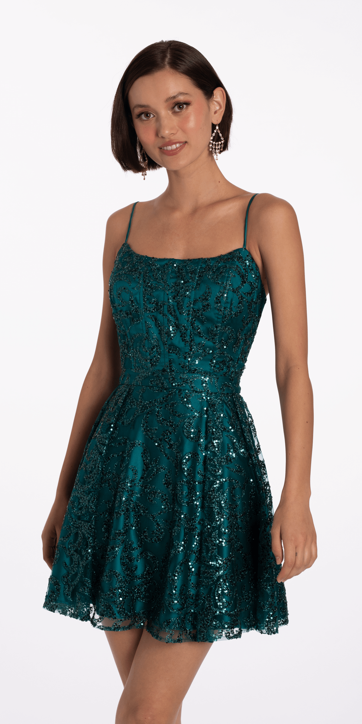 Square Neck Glitter Mesh Corset Skater Dress - Camille La Vie