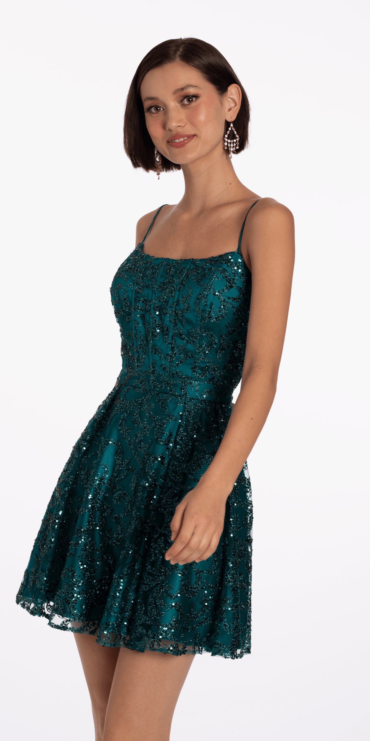 Square Neck Glitter Mesh Corset Skater Dress - Camille La Vie