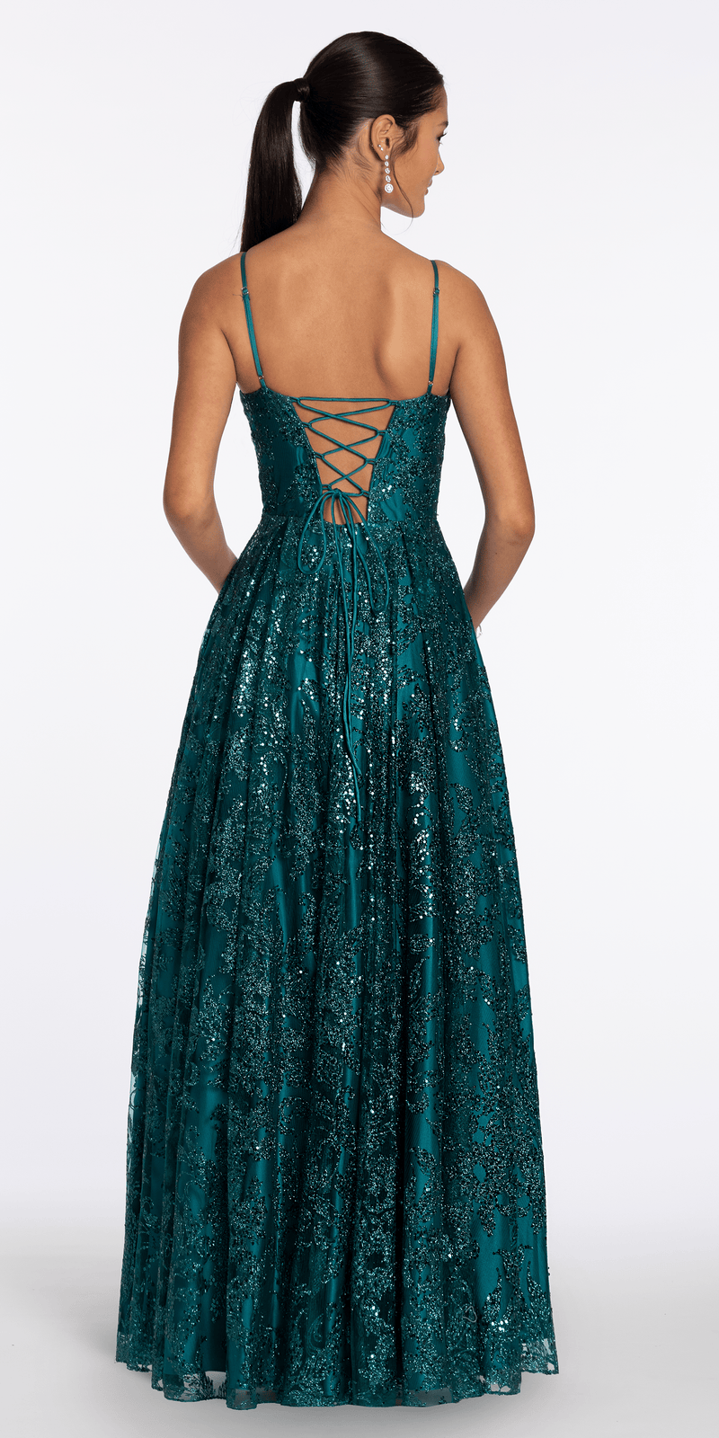 Glitter Mesh Sweetheart Corset Ballgown with Pockets - Camille La Vie