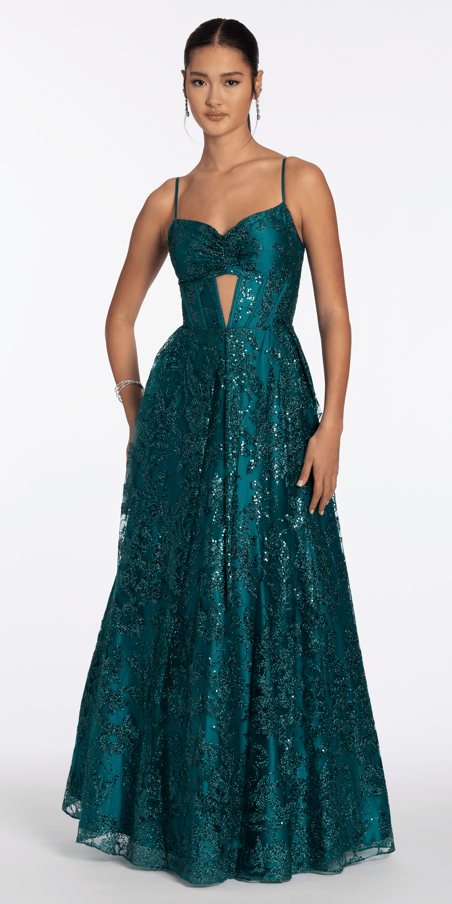 Glitter Mesh Sweetheart Corset Ballgown with Pockets - Camille La Vie