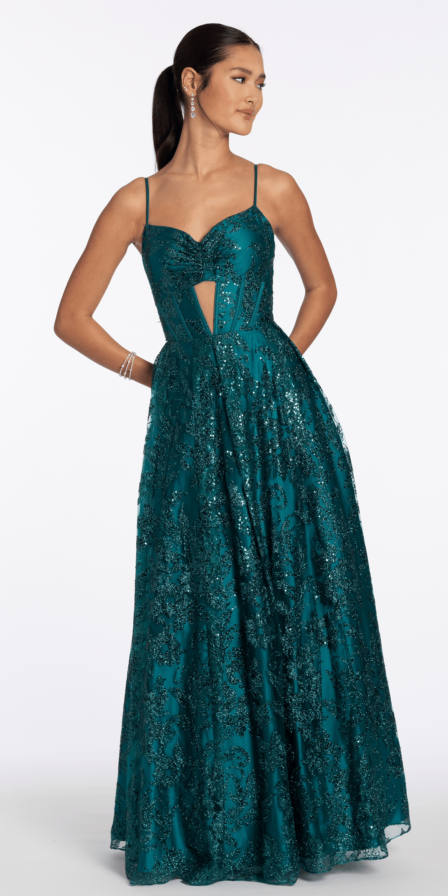 Glitter Mesh Sweetheart Corset Ballgown with Pockets - Camille La Vie