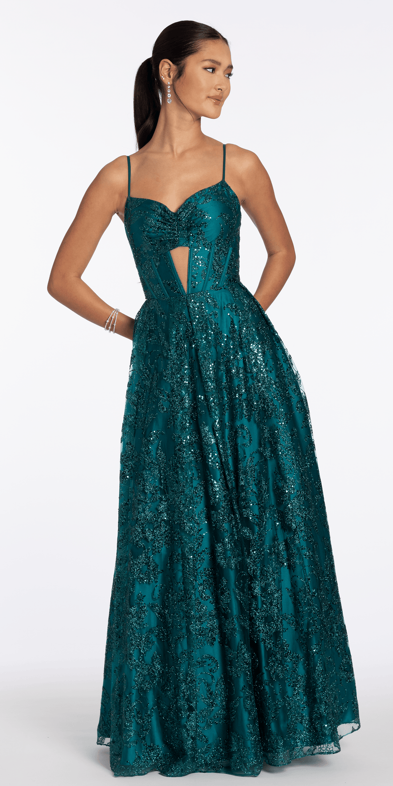 Glitter Mesh Sweetheart Corset Ballgown with Pockets - Camille La Vie