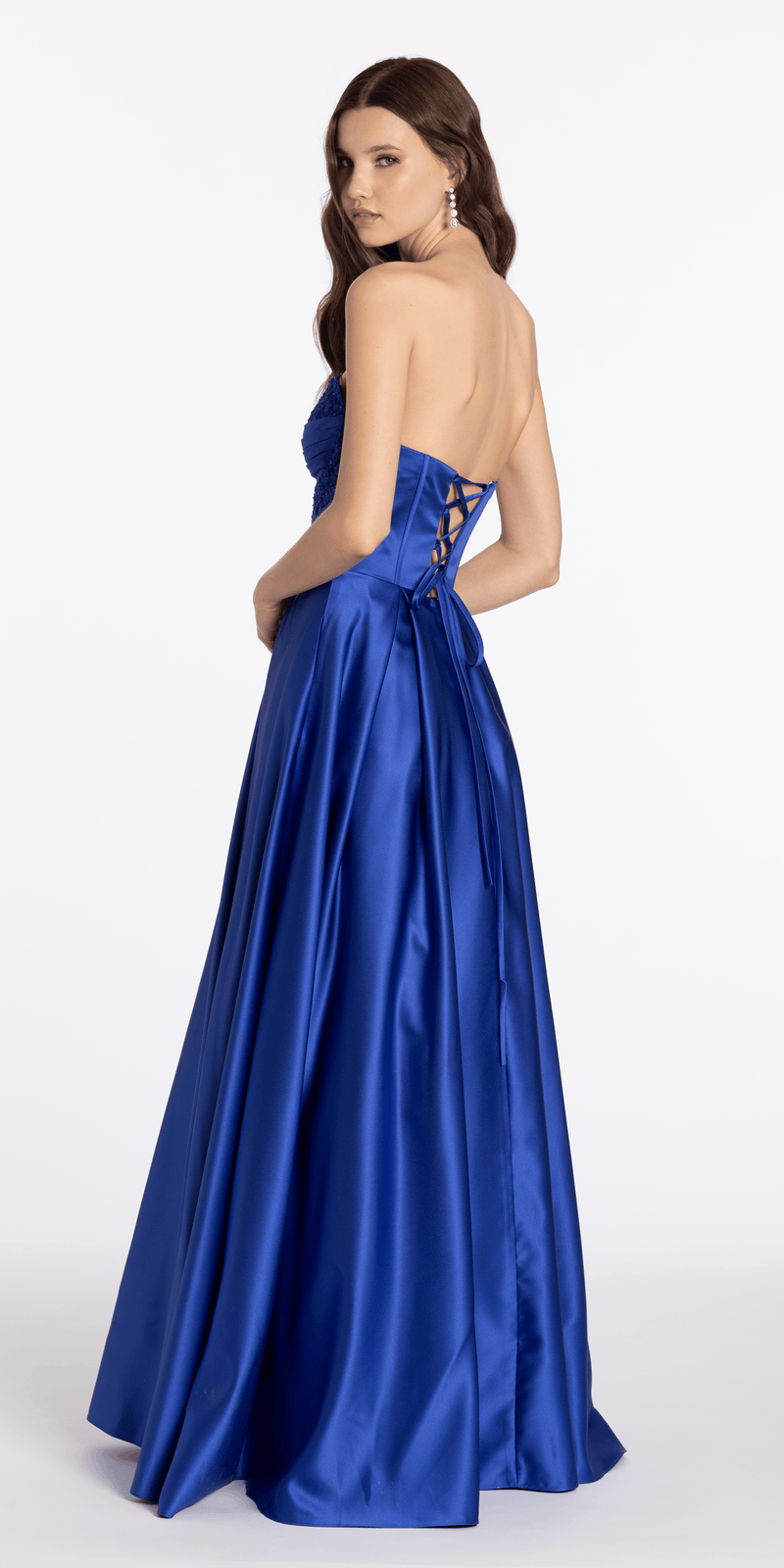 royal-blue/size/4/missy/Camille La Vie/Satin Beaded Strapless Embroidered Corset Ballgown with Pockets/back