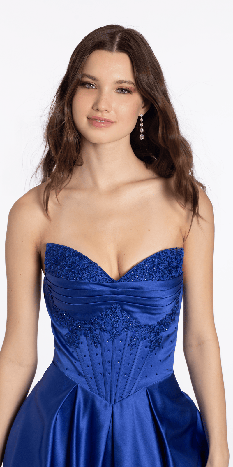 royal-blue/size/4/missy/Camille La Vie/Satin Beaded Strapless Embroidered Corset Ballgown with Pockets/close up