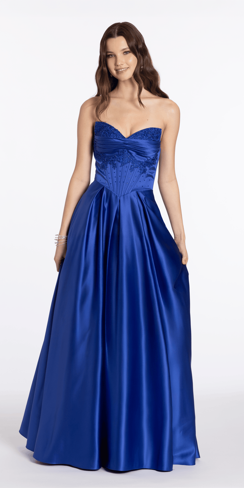 royal-blue/size/4/missy/Camille La Vie/Satin Beaded Strapless Embroidered Corset Ballgown with Pockets/front