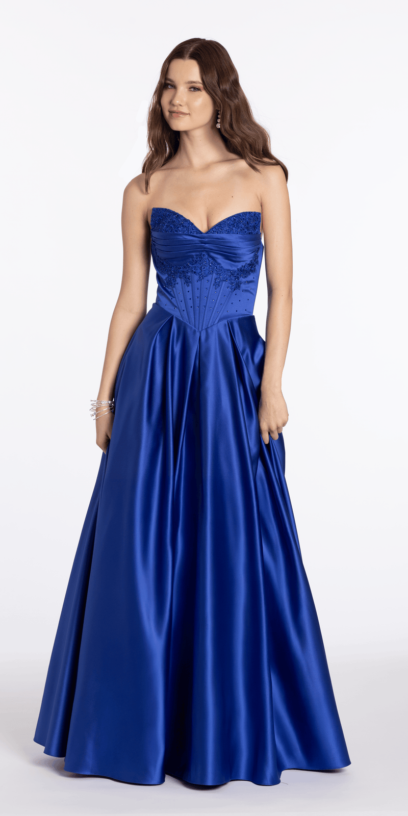 royal-blue/size/4/missy/Camille La Vie/Satin Beaded Strapless Embroidered Corset Ballgown with Pockets/front alt
