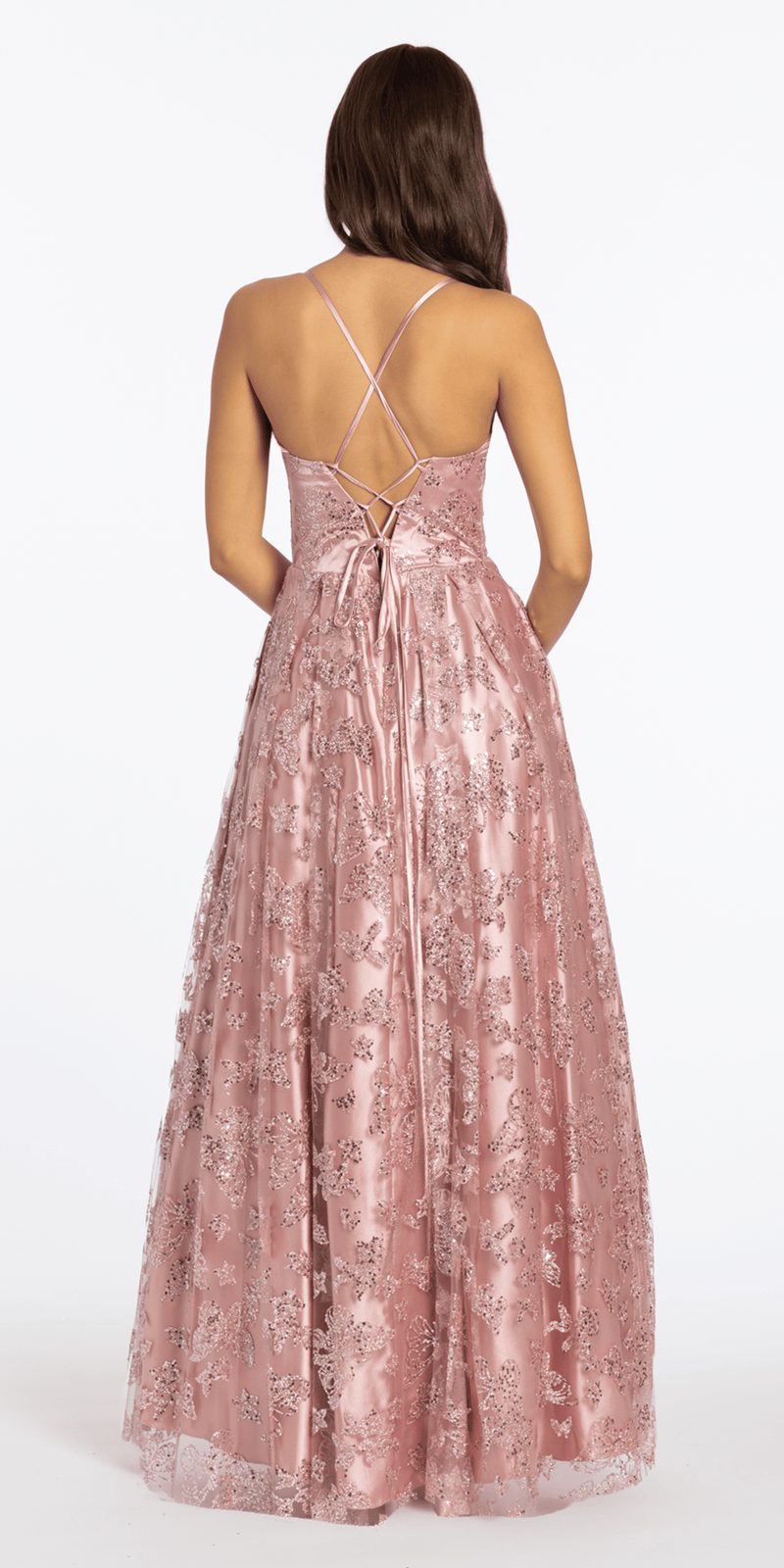 Glitter Butterfly Mesh Cowl Neck Corset Lace Up Back Ballgown - Camille La Vie