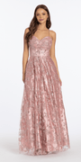 Glitter Butterfly Mesh Cowl Neck Corset Lace Up Back Ballgown - Camille La Vie