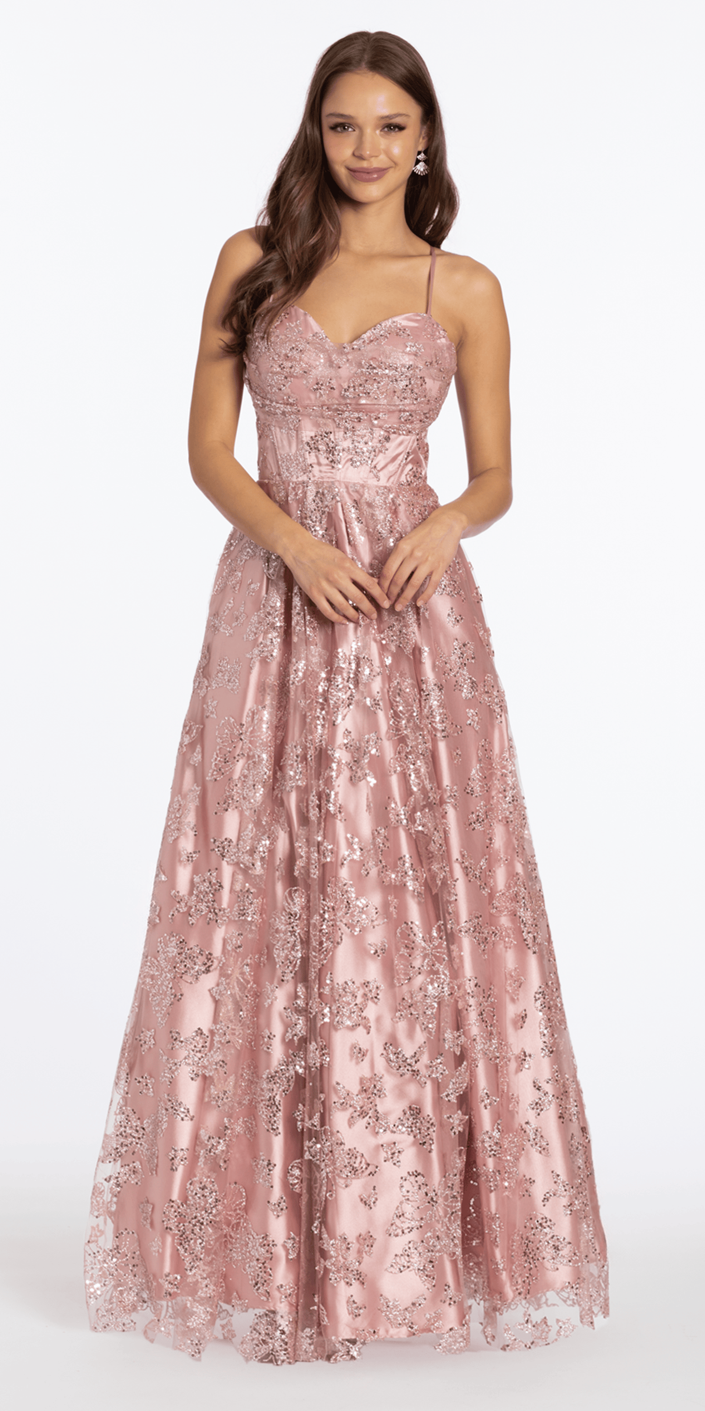 Glitter Butterfly Mesh Cowl Neck Corset Lace Up Back Ballgown - Camille La Vie