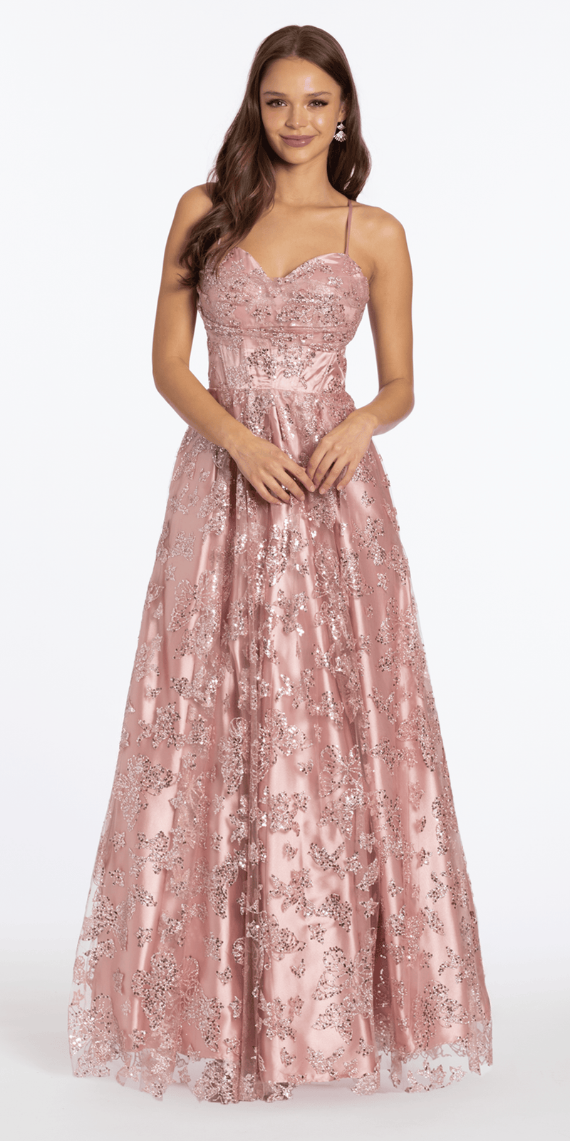 Glitter Butterfly Mesh Cowl Neck Corset Lace Up Back Ballgown - Camille La Vie