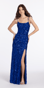 Ribbon Sequin Scoop Mesh Column Dress with Side Slit - Camille La Vie