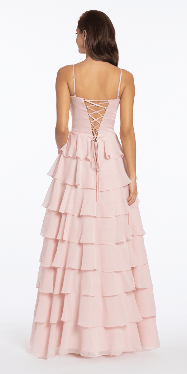 Satin Embroidered Cowl Corset A Line Dress with Chiffon Tiers - Camille La Vie