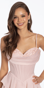 Satin Embroidered Cowl Corset A Line Dress with Chiffon Tiers - Camille La Vie