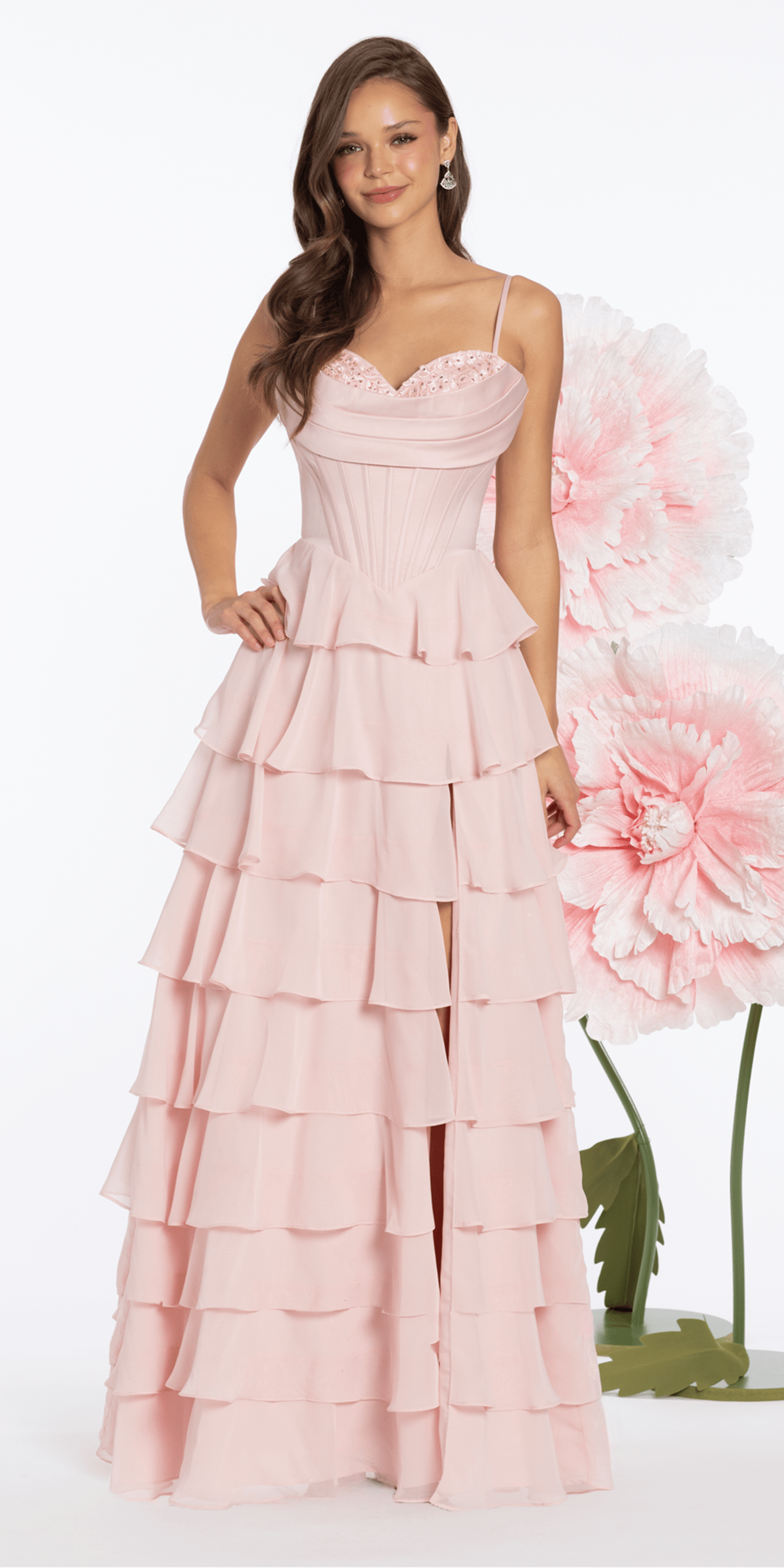 Satin Embroidered Cowl Corset A Line Dress with Chiffon Tiers - Camille La Vie
