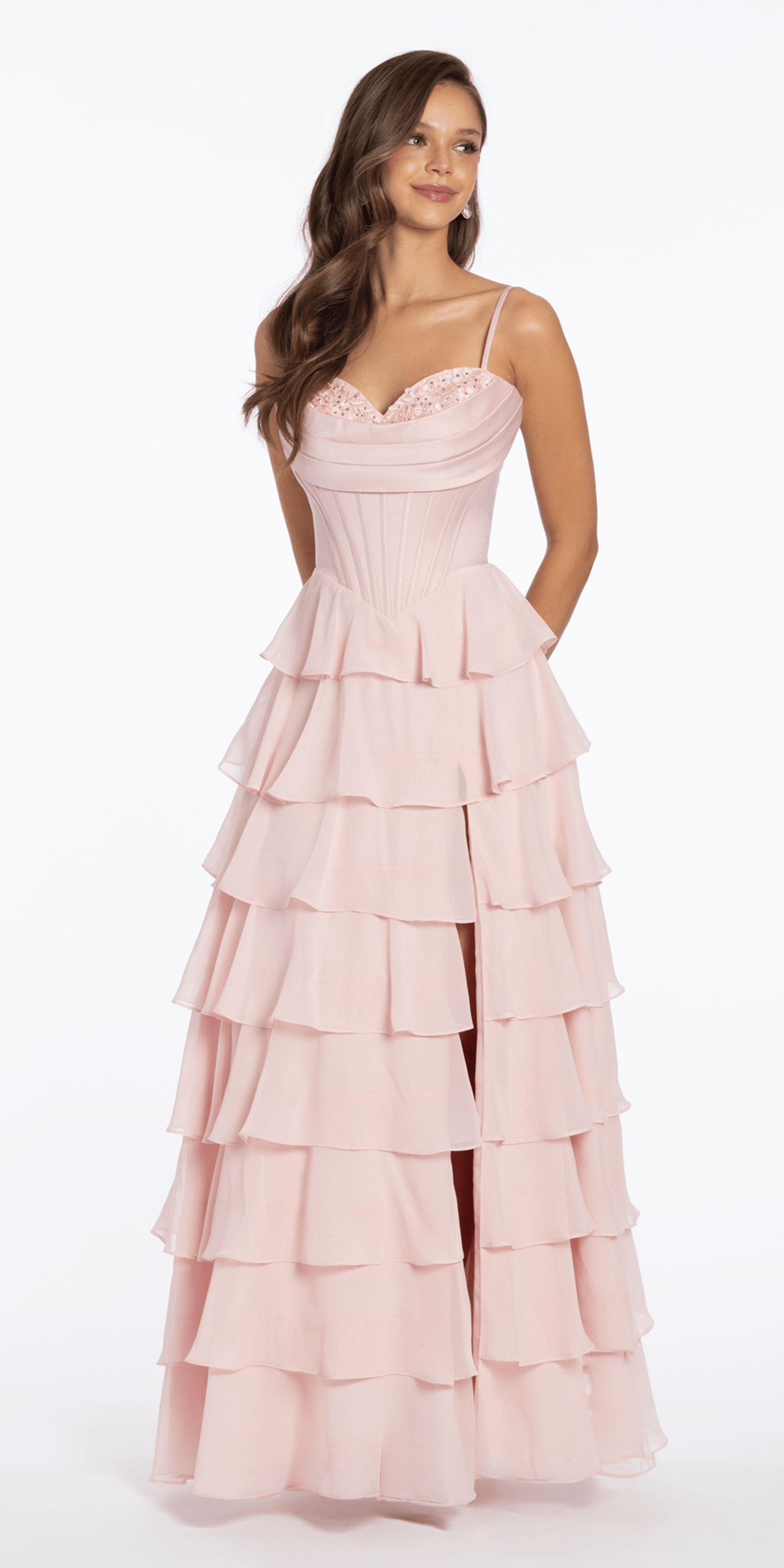 Satin Embroidered Cowl Corset A Line Dress with Chiffon Tiers - Camille La Vie
