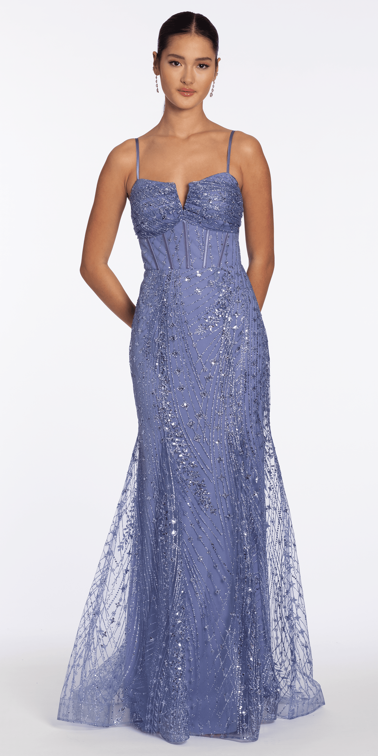 Glitter Mesh Notch Sweetheart Corset Trumpet Dress - Camille La Vie