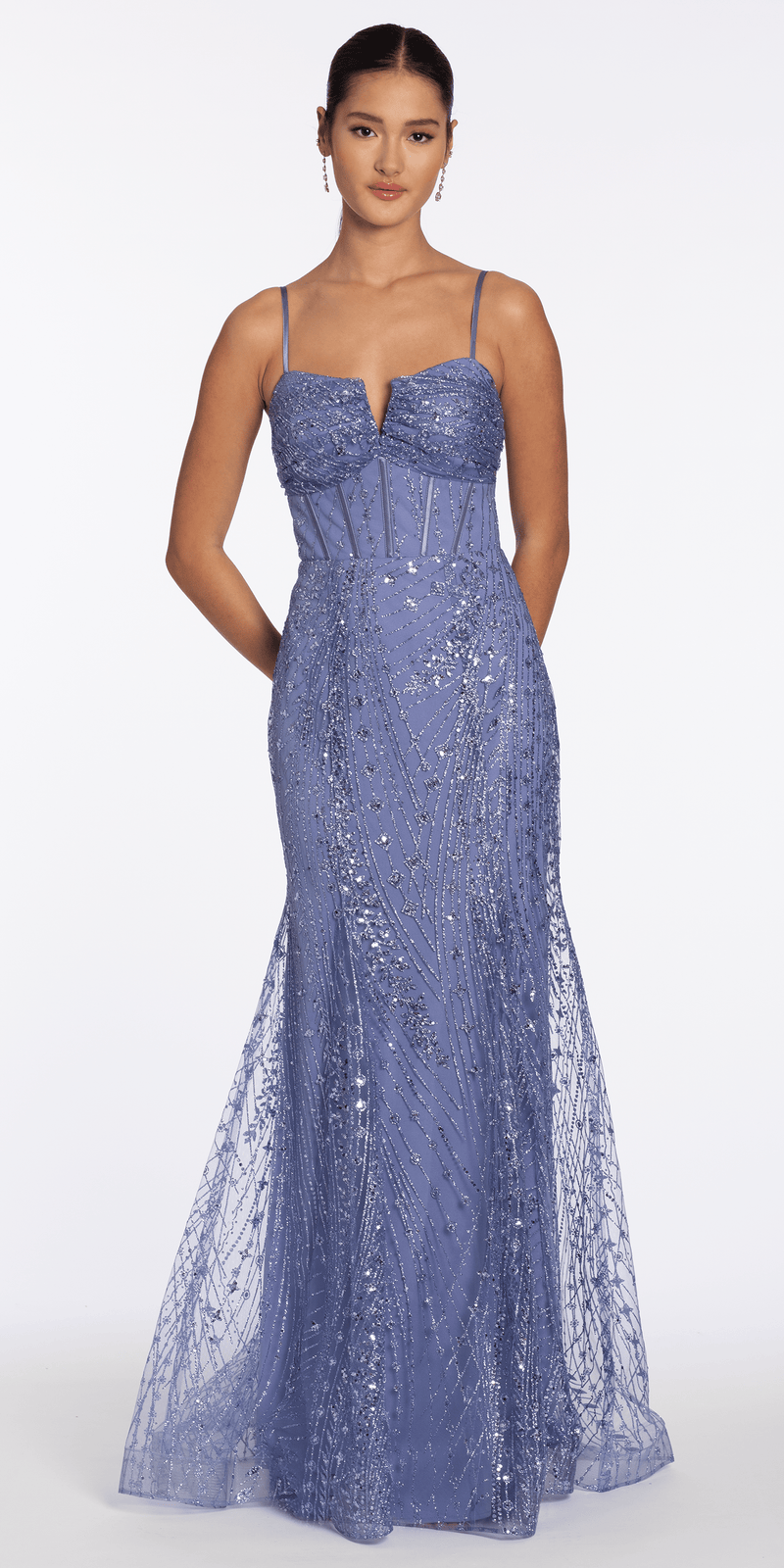 Glitter Mesh Notch Sweetheart Corset Trumpet Dress - Camille La Vie
