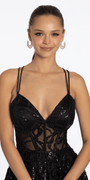 black/size/4/missy/Camille La Vie/Glitter Illusion Sweetheart Corset Ballgown with Pockets /close up