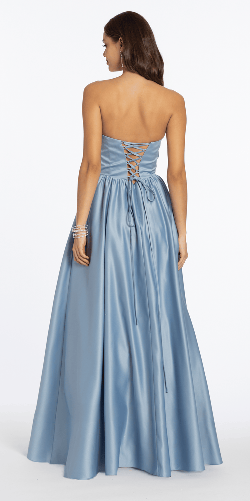 Strapless Satin Cowl Corset Lace Up Back Ballgown - Camille La Vie