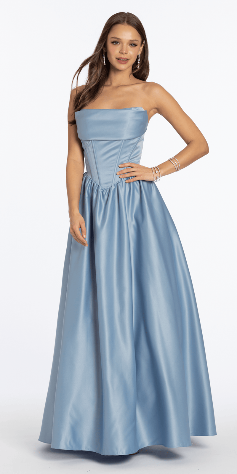 Strapless Satin Cowl Corset Lace Up Back Ballgown - Camille La Vie