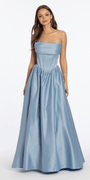 Strapless Satin Cowl Corset Lace Up Back Ballgown - Camille La Vie