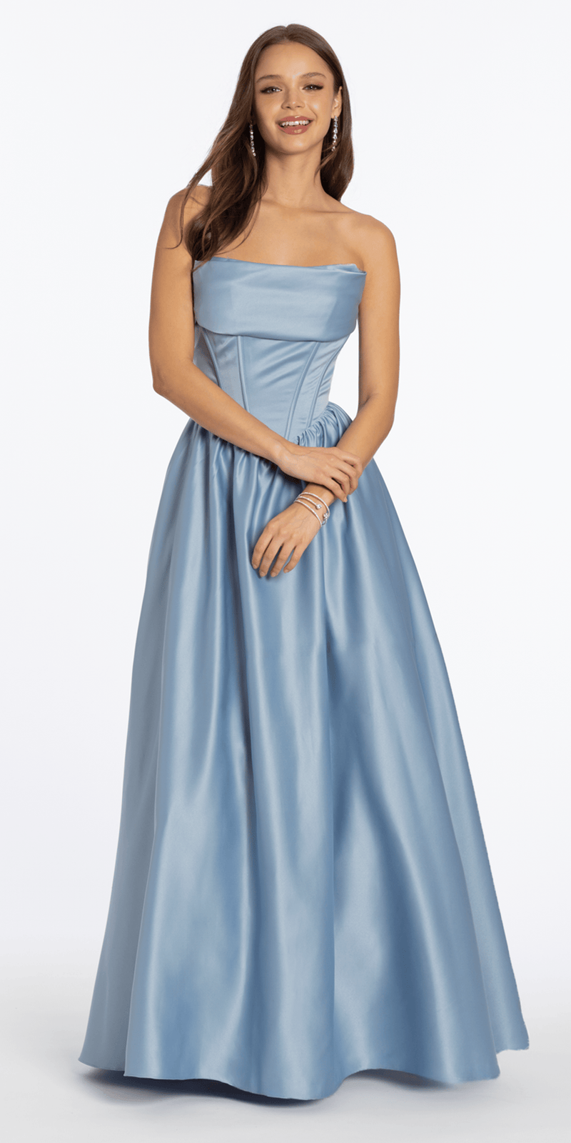 Strapless Satin Cowl Corset Lace Up Back Ballgown - Camille La Vie