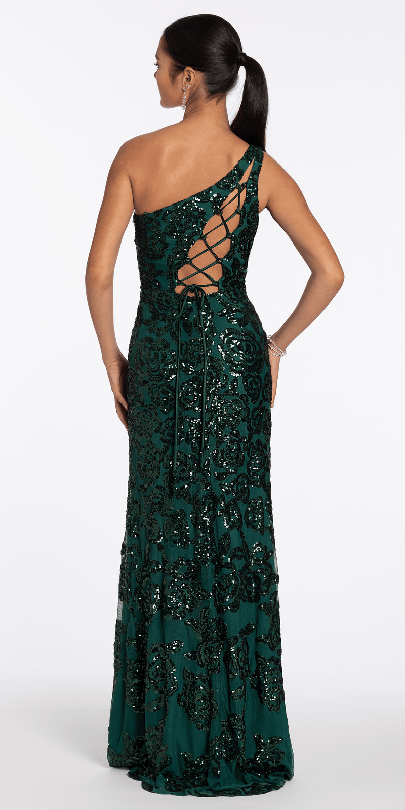 Sequin One Shoulder Lace Up Back Column Dress - Camille La Vie
