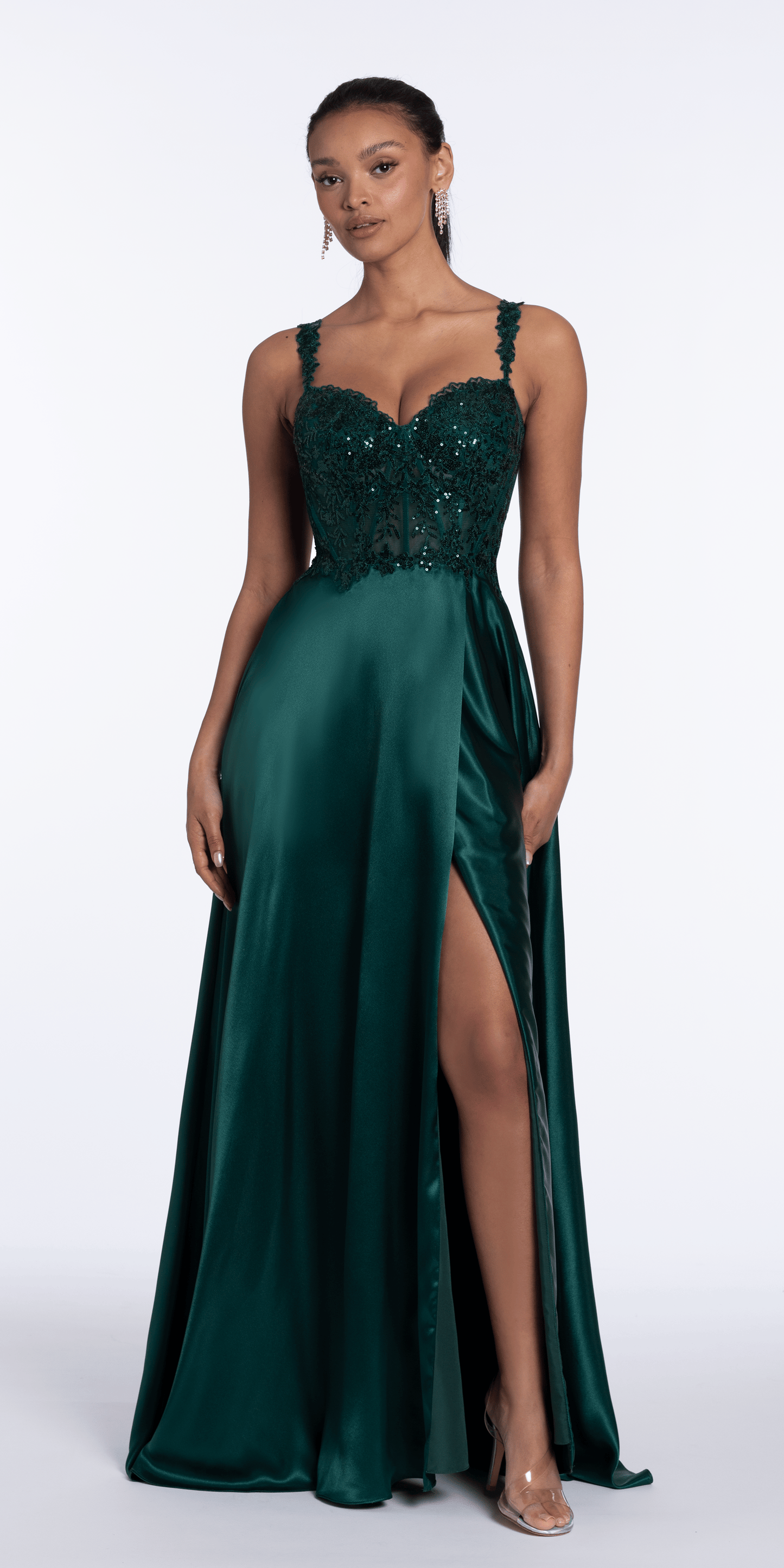 hunter-green/size/4/Camille La Vie/Satin Sequin Sweetheart Corset A Line Dress /front