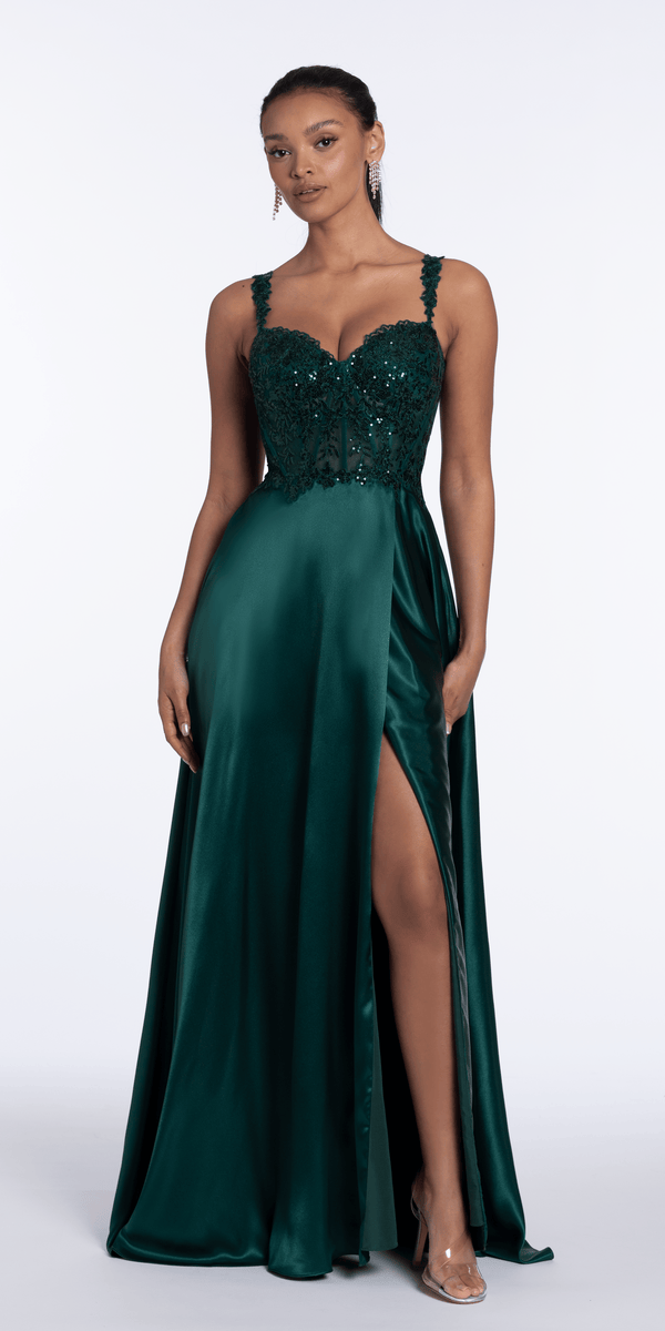 hunter-green/size/4/Camille La Vie/Satin Sequin Sweetheart Corset A Line Dress /front