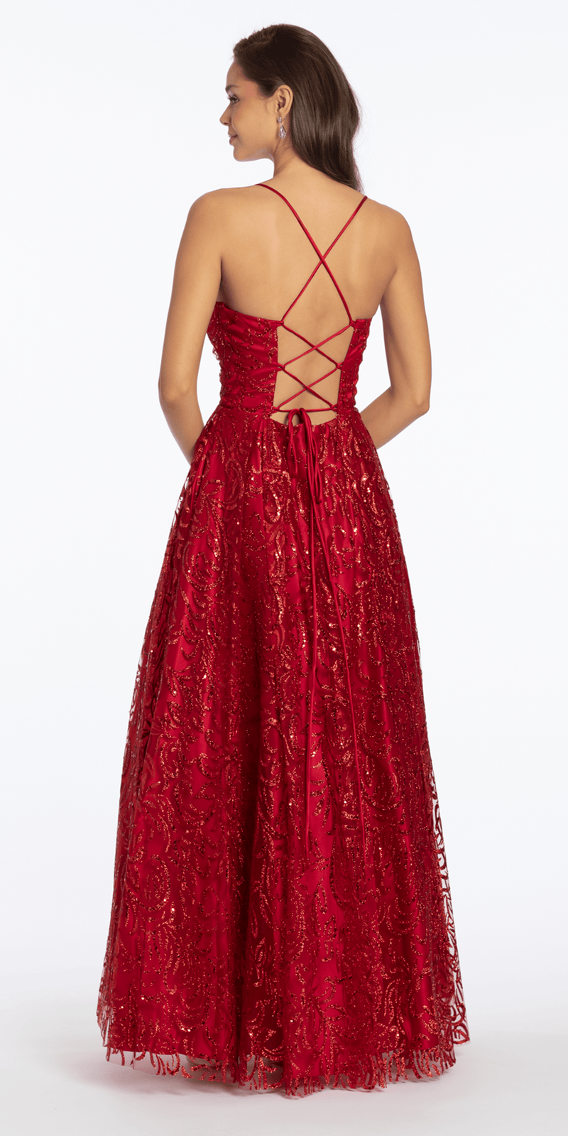 Strappy Back Pinched Sweetheart Glitter Mesh Ballgown with Pockets - Camille La Vie