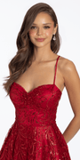 red/ size/4/ missy/Camille La Vie/Strappy Back Pinched Sweetheart Glitter Mesh Ballgown with Pockets /close up