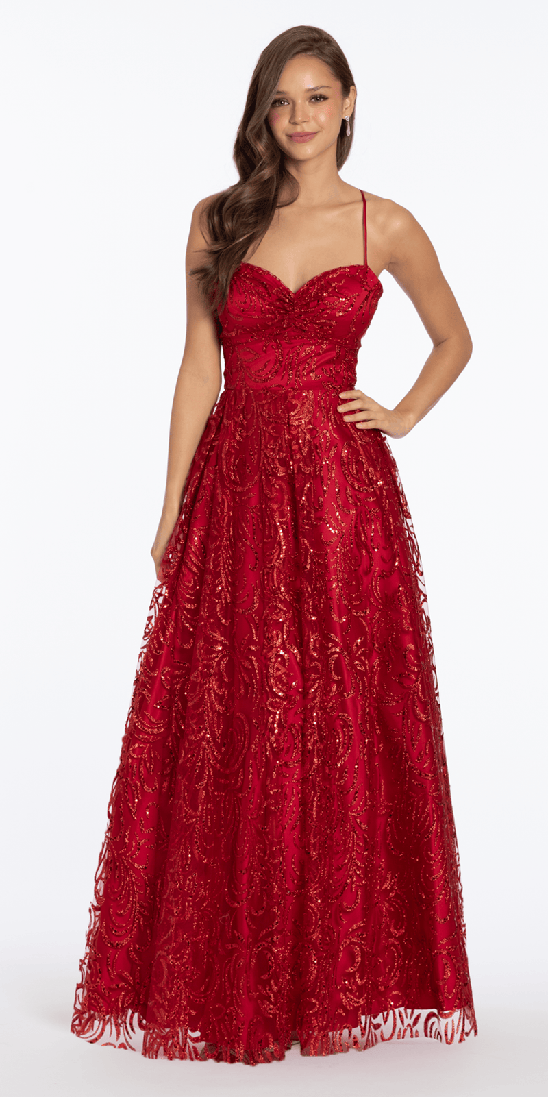 Strappy Back Pinched Sweetheart Glitter Mesh Ballgown with Pockets - Camille La Vie
