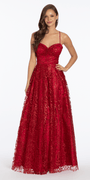 Strappy Back Pinched Sweetheart Glitter Mesh Ballgown with Pockets - Camille La Vie