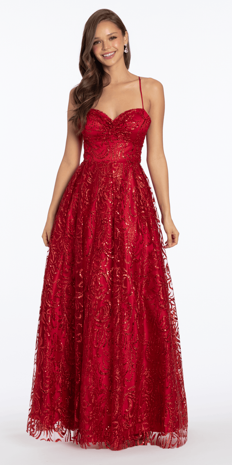 Strappy Back Pinched Sweetheart Glitter Mesh Ballgown with Pockets - Camille La Vie