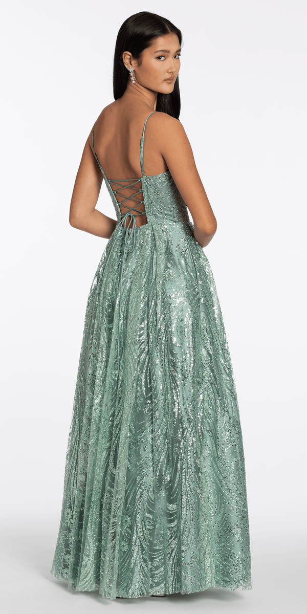 Scoop Neck Glitter Illusion Corset A Line Dress with Pockets - Camille La Vie