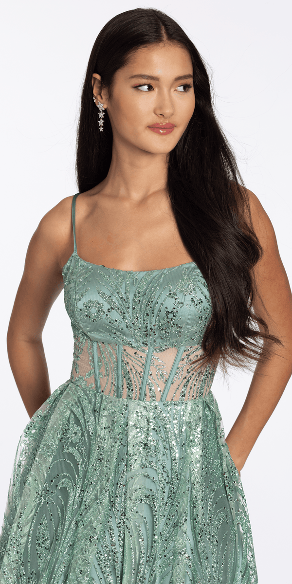 Scoop Neck Glitter Illusion Corset A Line Dress with Pockets - Camille La Vie