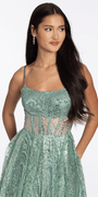 Scoop Neck Glitter Illusion Corset A Line Dress with Pockets - Camille La Vie