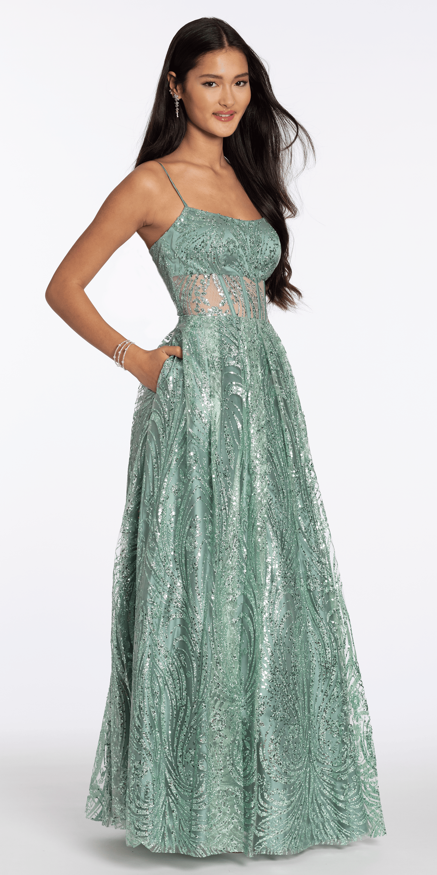 Scoop Neck Glitter Illusion Corset A Line Dress with Pockets - Camille La Vie
