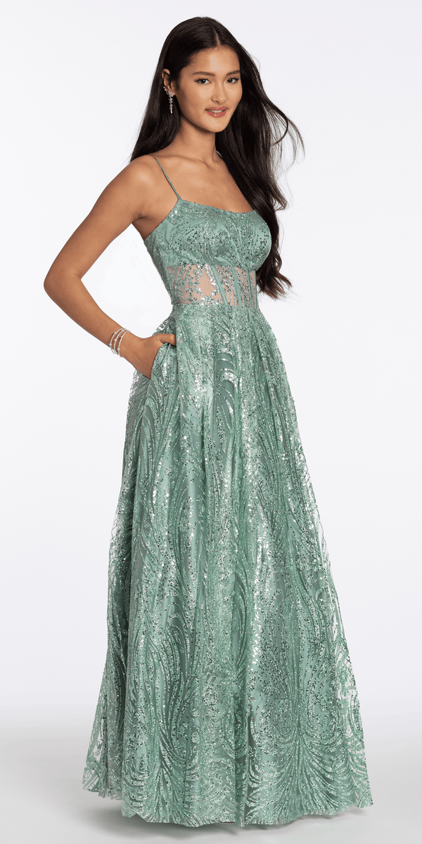 Scoop Neck Glitter Illusion Corset A Line Dress with Pockets - Camille La Vie