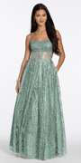 Scoop Neck Glitter Illusion Corset A Line Dress with Pockets - Camille La Vie