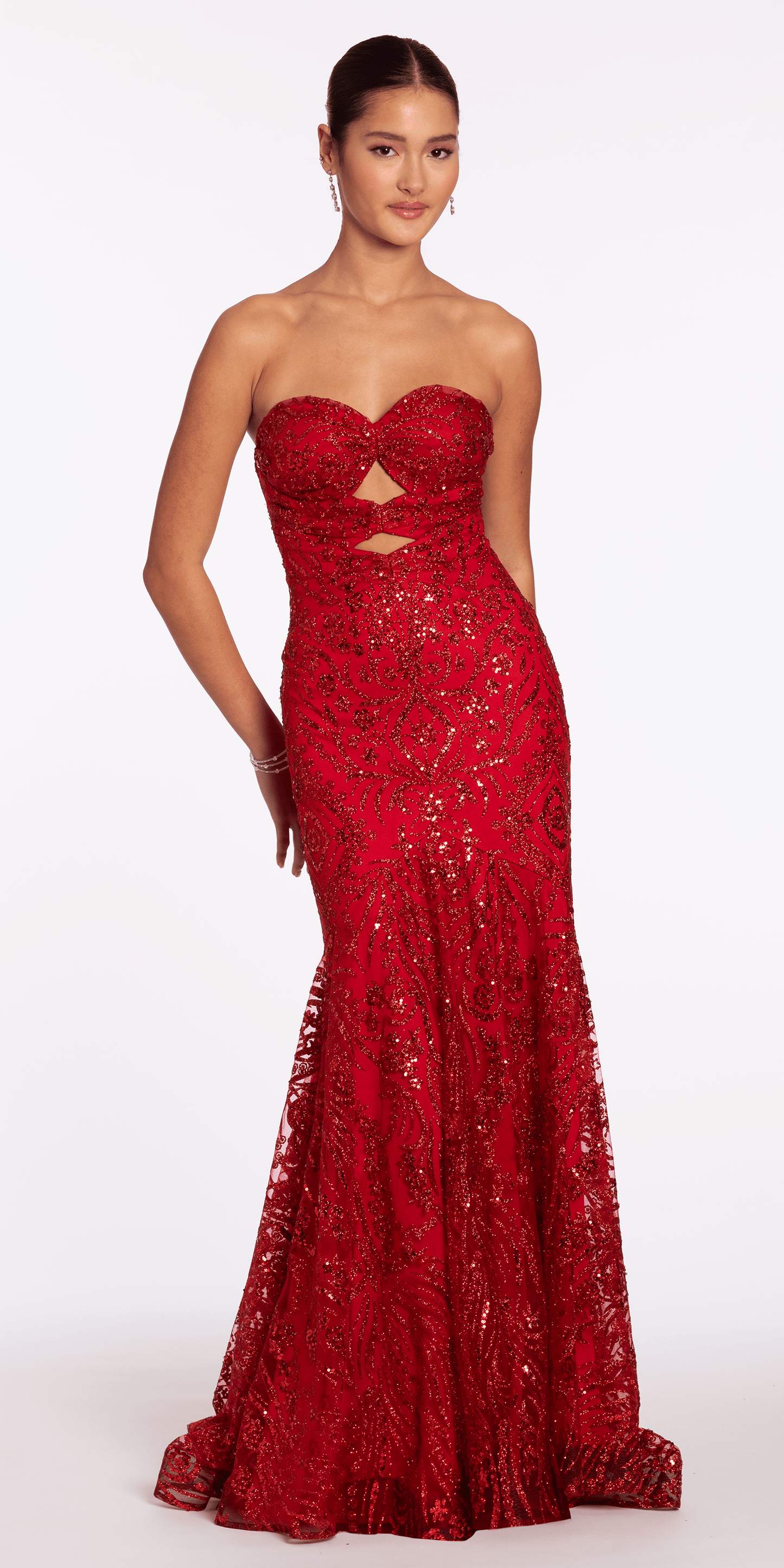 red/size/4/missy/Camille La Vie/Sweetheart Glitter Mesh Mermaid Dress with Peek-a-Boo Bodice/front