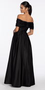 Satin Off the Shoulder Ballgown with Rhinestone Bow Detail - Camille La Vie
