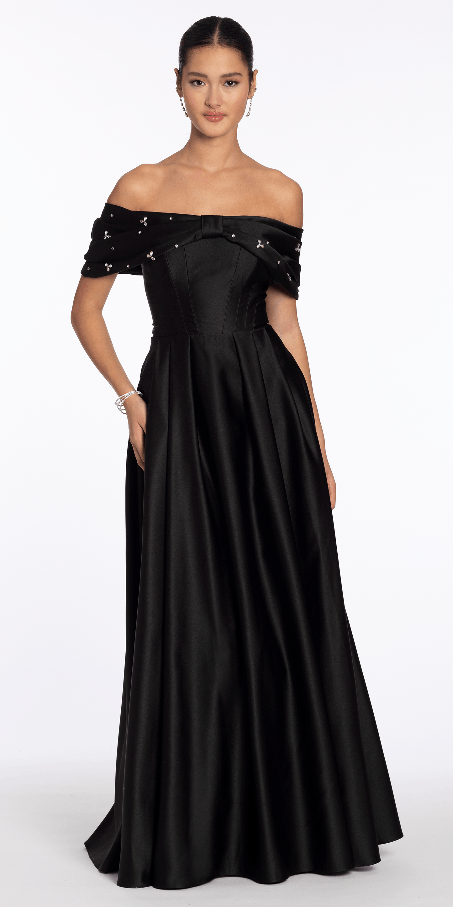 Satin Off the Shoulder Ballgown with Rhinestone Bow Detail - Camille La Vie