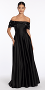 Satin Off the Shoulder Ballgown with Rhinestone Bow Detail - Camille La Vie